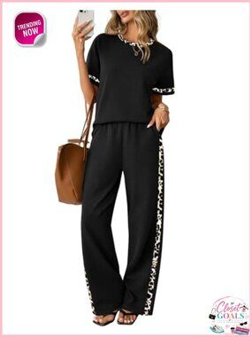 Women's 2 Piece Wide Leg Pant Set Short Sleeve Crew Neck Loungewear